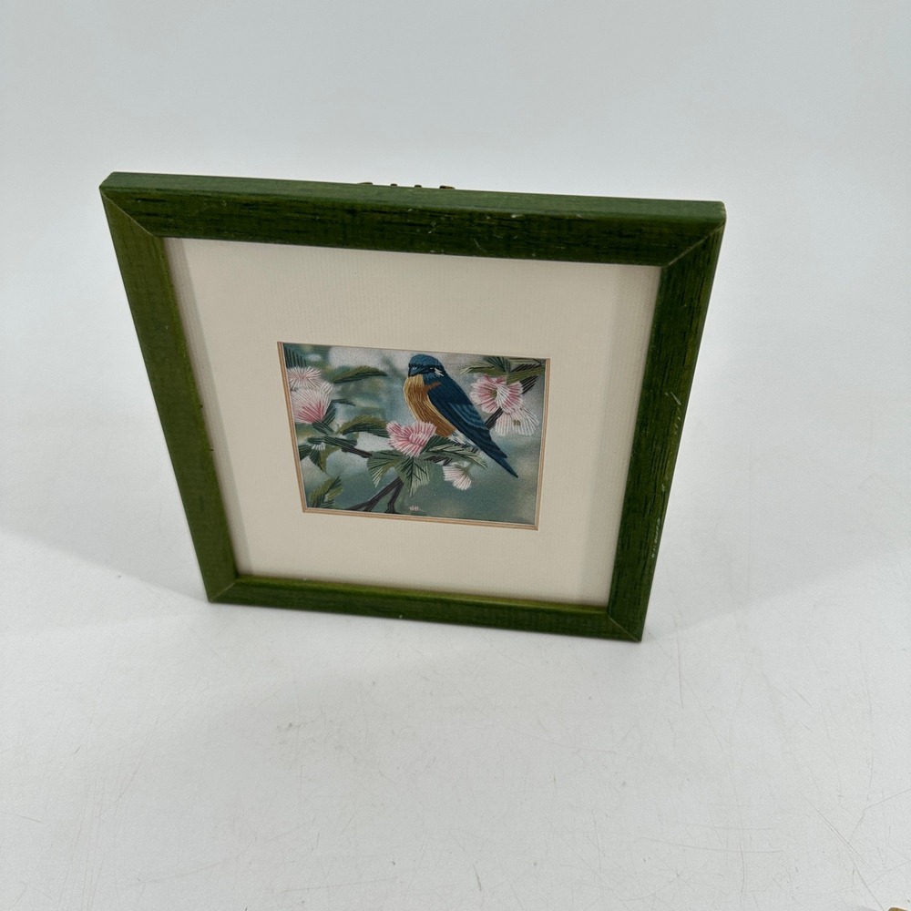 Vintage Silk Embroidery Bird Art Green Wood Frame Cherry Blossoms Wall Decor